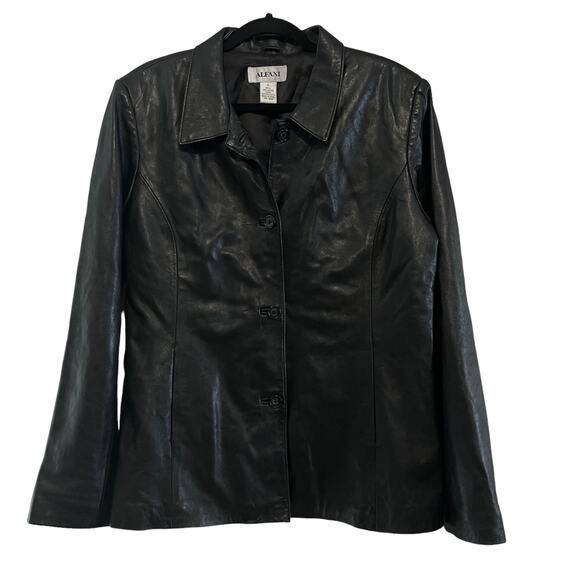 Vintage Alfani Women's Soft Black Leather  Button Down Jacket XL - Picture 1 of 5